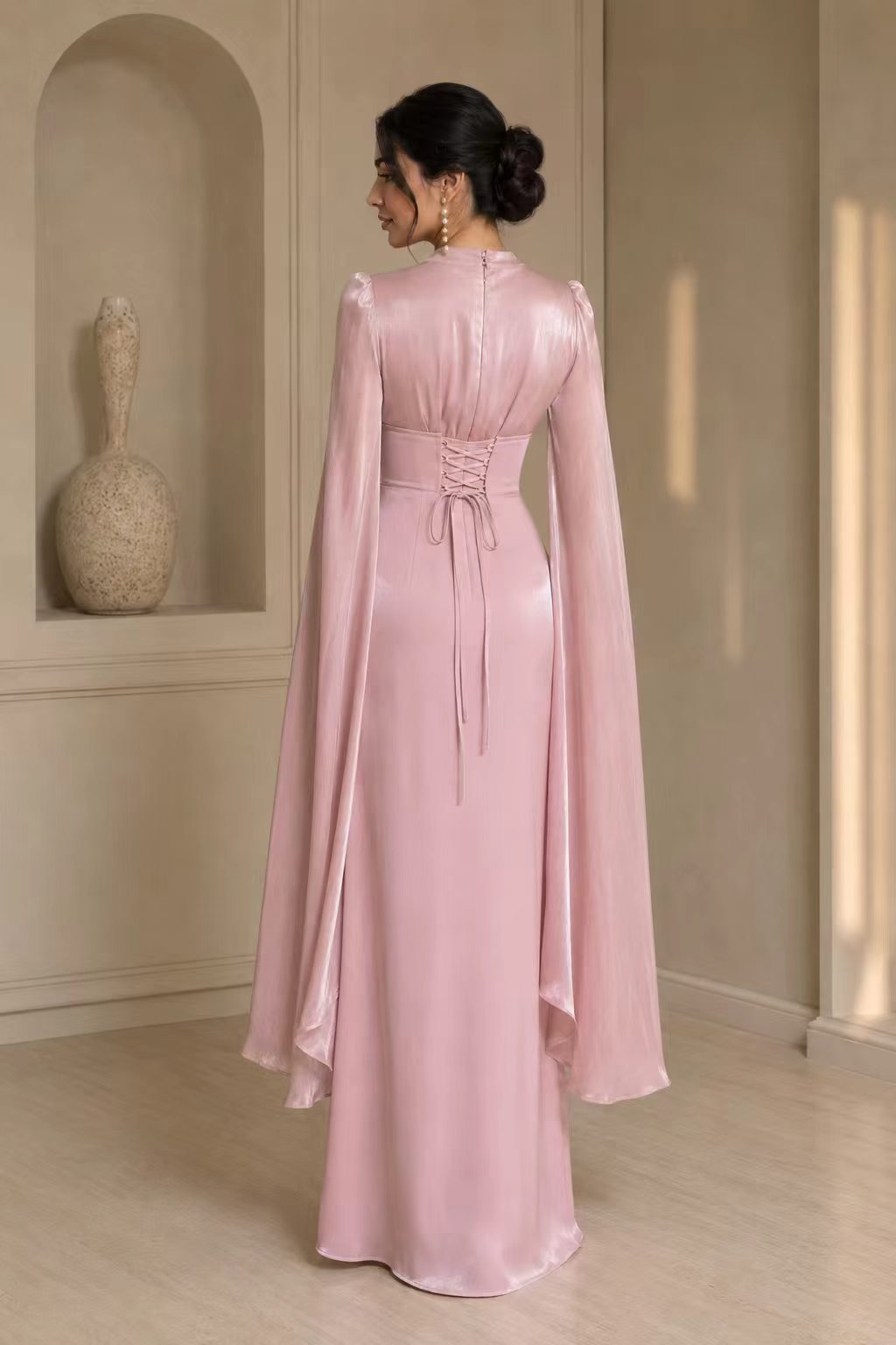 High-Neck Ruched Satin Gown with Split Cape Sleeves & Corset Back