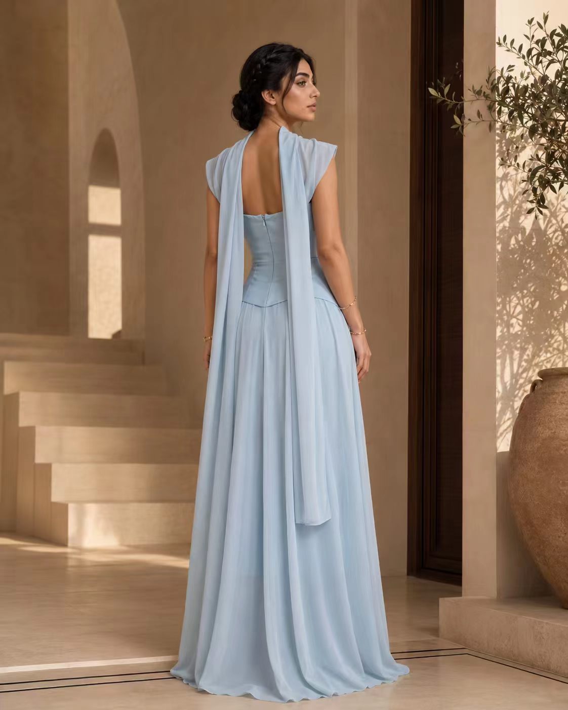 Serene Blue Off-the-Shoulder Corset Gown with Ethereal Scarf