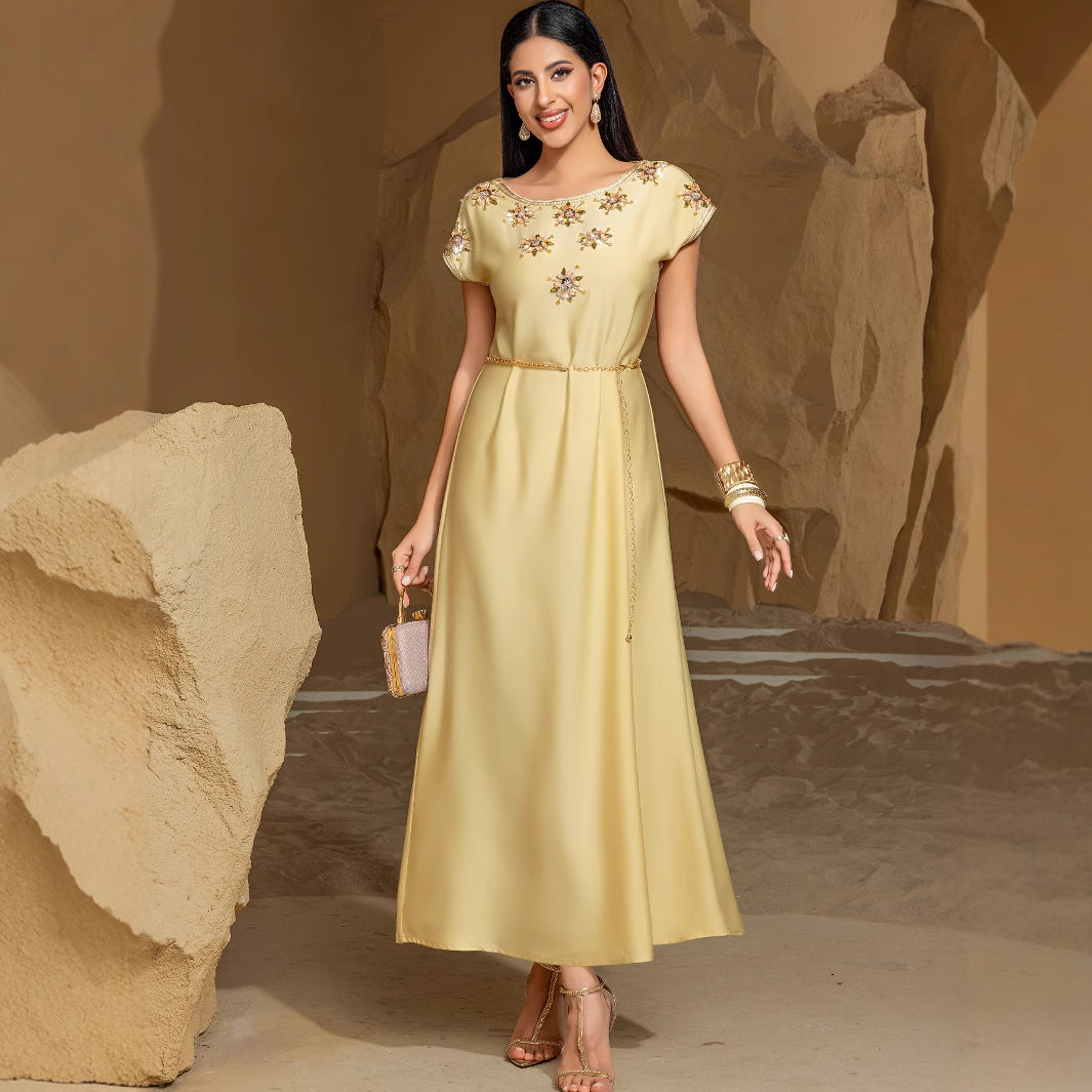Sunlit Oasis Hand-Beaded Satin Gown - Luxury Embroidered Maxi