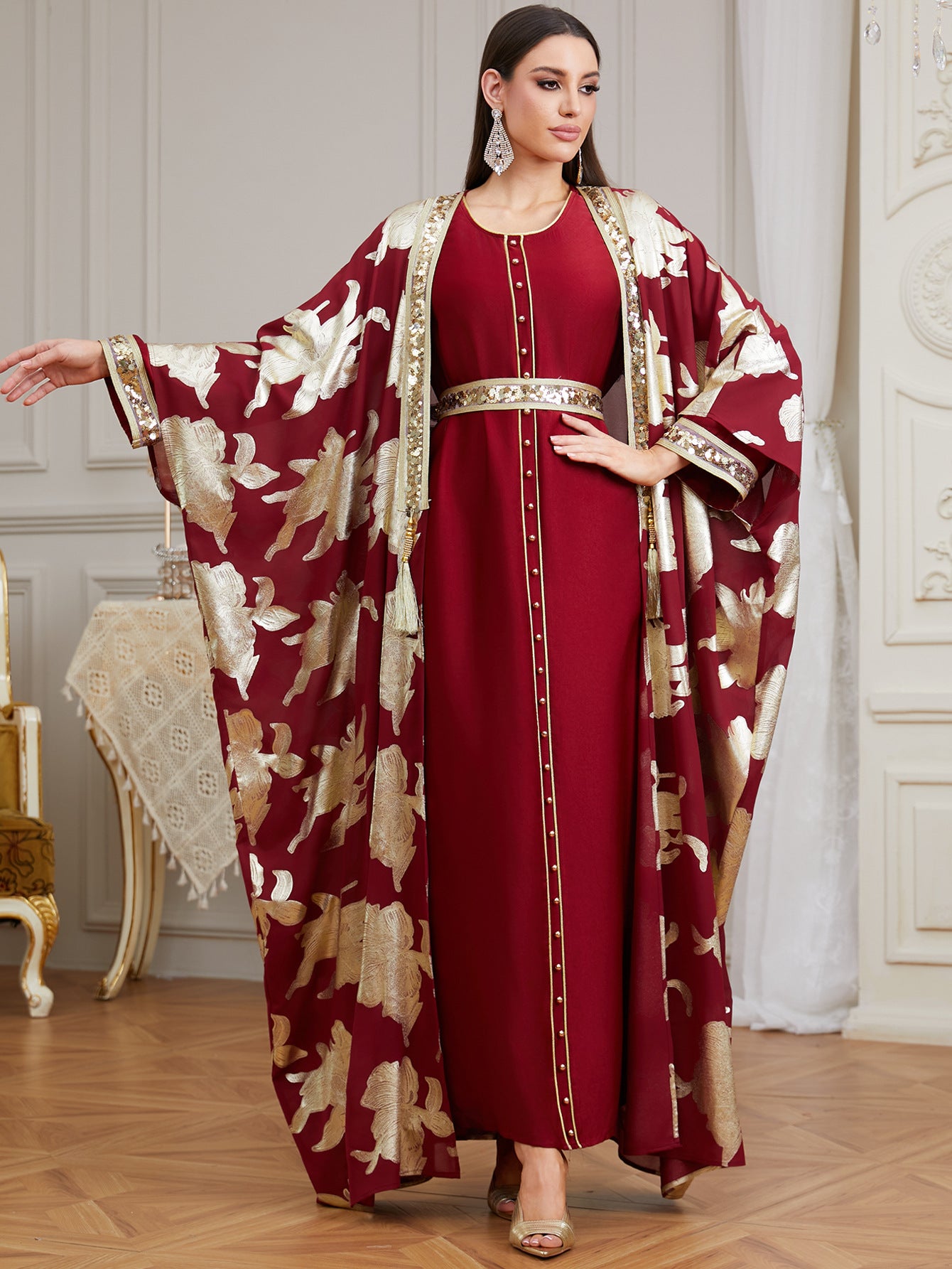 Radiant High-Neck Satin Gown with Sculpted Ruffle Shoulders