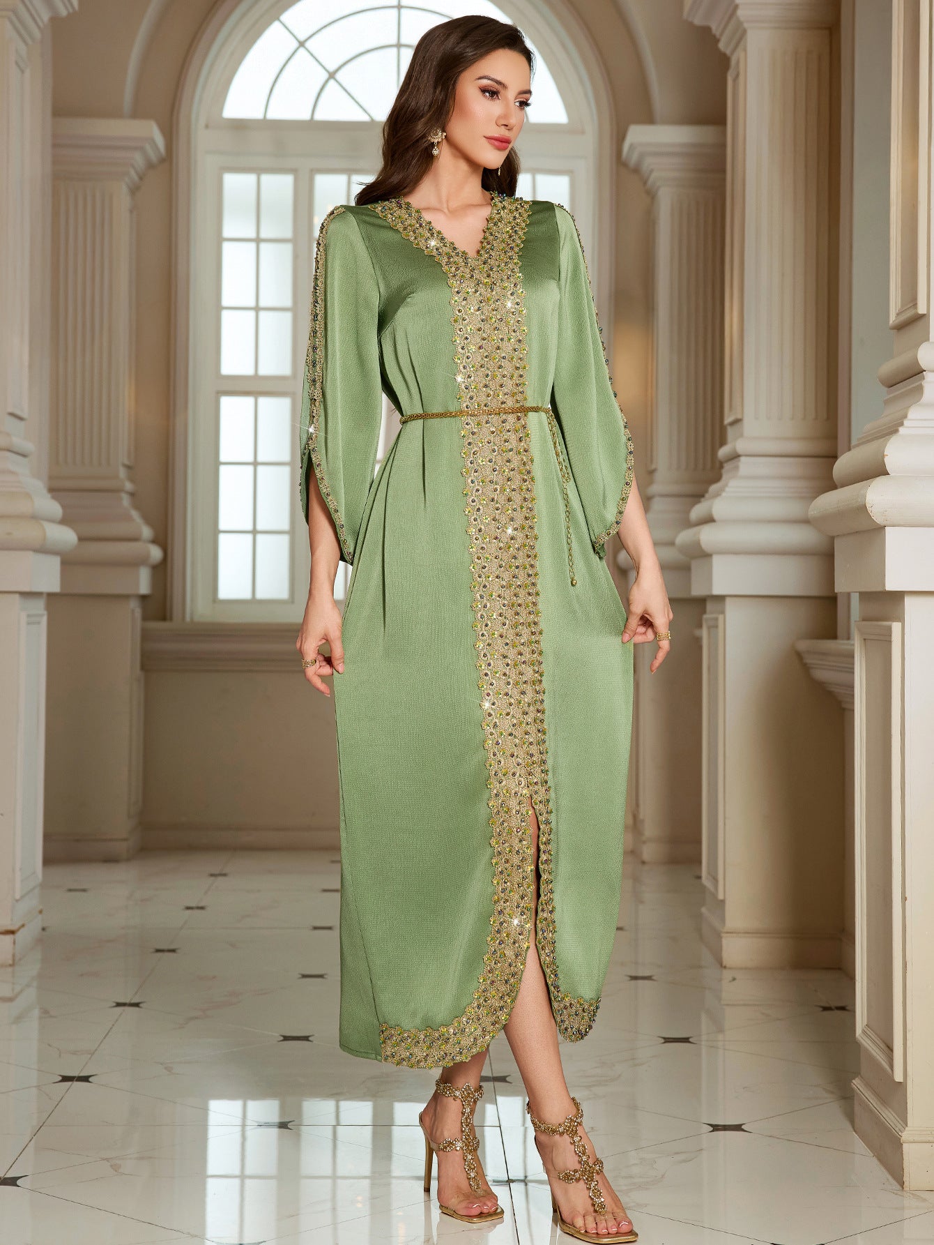The Royal Oasis Hand-Beaded Satin Kaftan Gown with Delicate Waist Chain