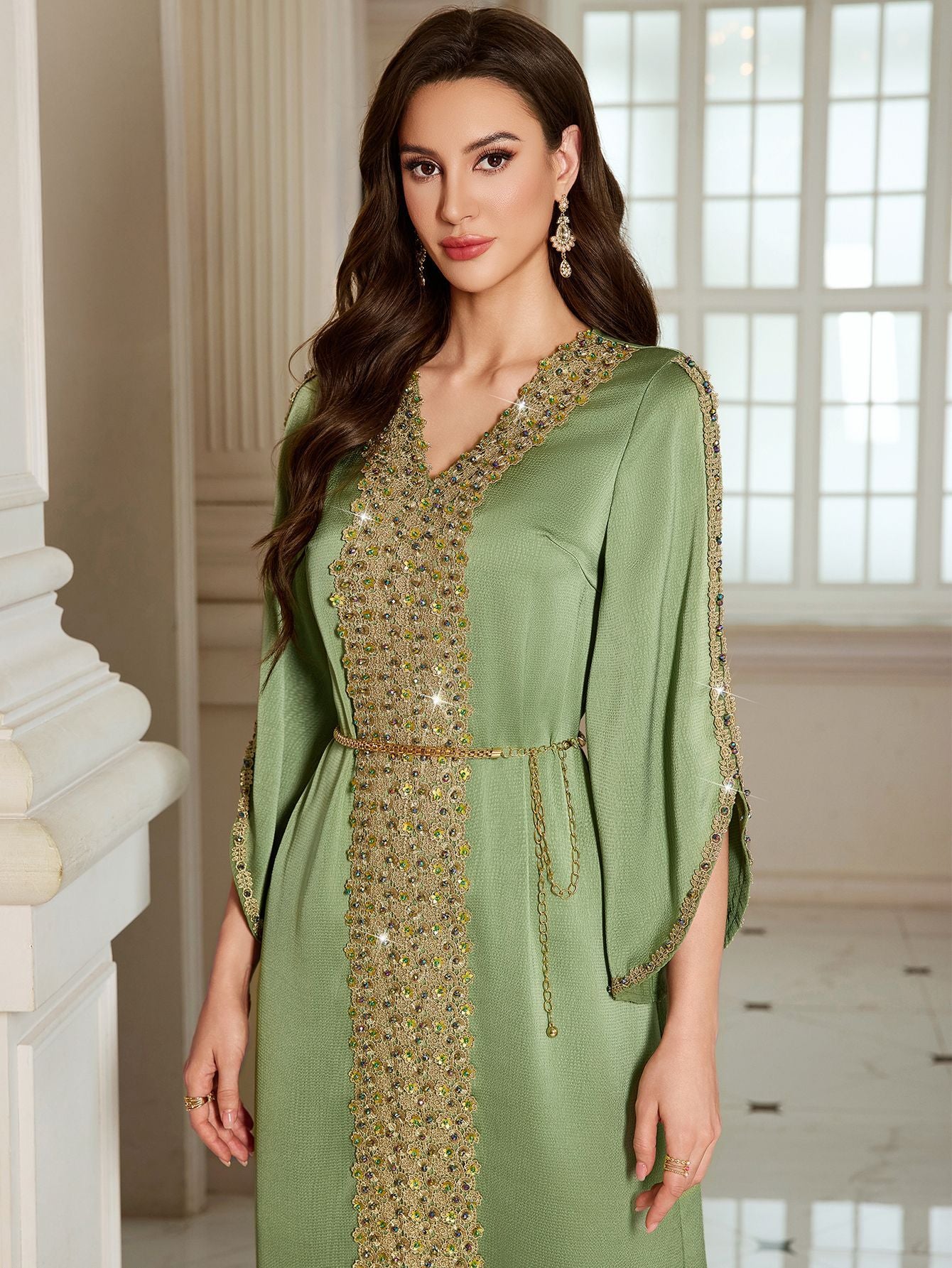 The Royal Oasis Hand-Beaded Satin Kaftan Gown with Delicate Waist Chain