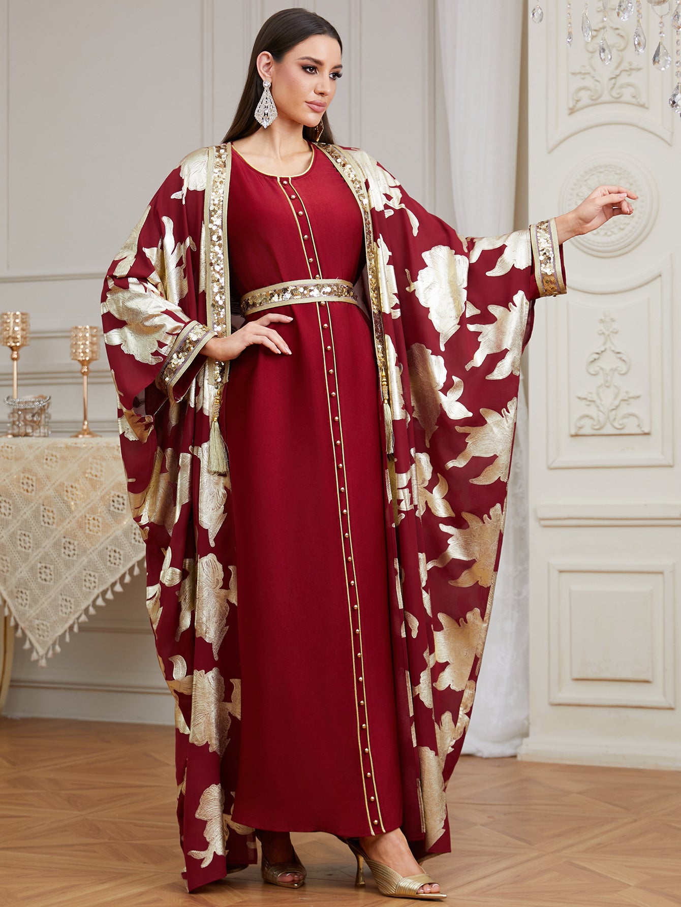 Radiant High-Neck Satin Gown with Sculpted Ruffle Shoulders