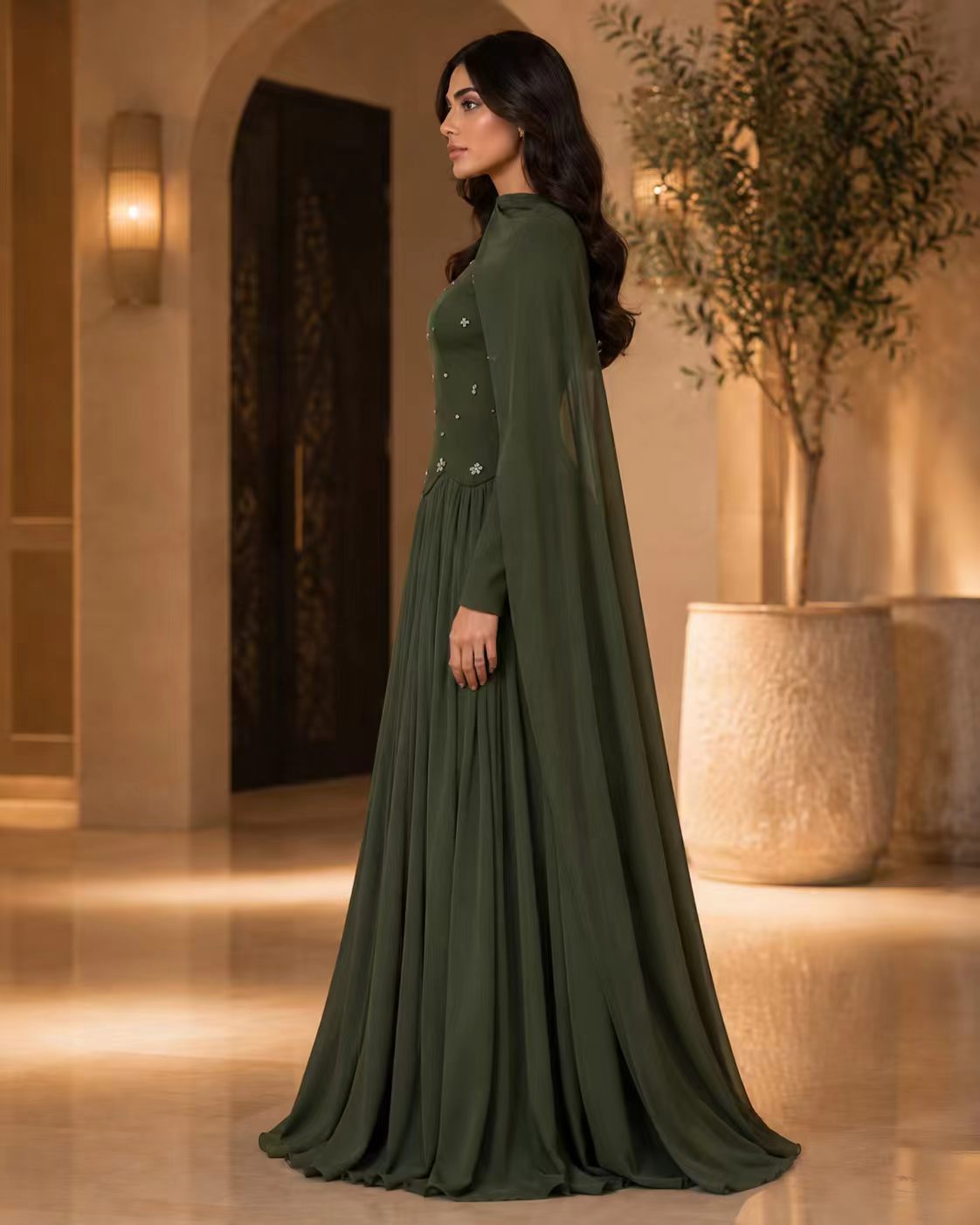 Forest Green Crystal Embellished Gown with Dramatic Shoulder Cape