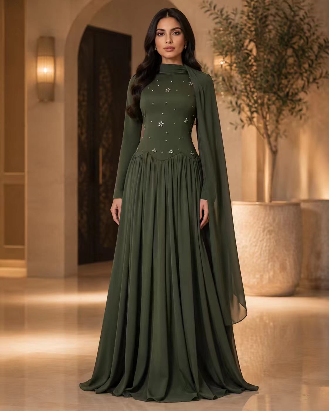 Forest Green Crystal Embellished Gown with Dramatic Shoulder Cape