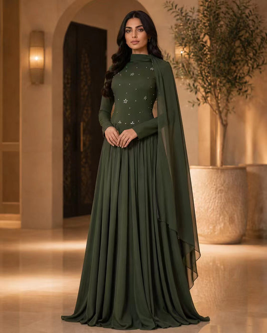 Forest Green Crystal Embellished Gown with Dramatic Shoulder Cape