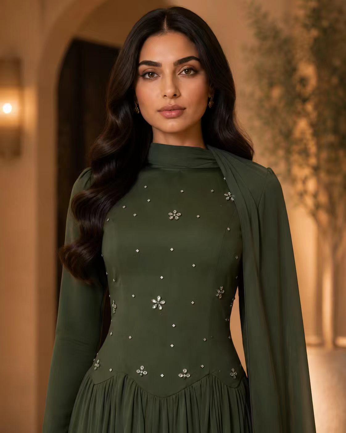 Forest Green Crystal Embellished Gown with Dramatic Shoulder Cape
