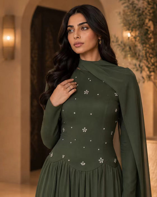 Forest Green Crystal Embellished Gown with Dramatic Shoulder Cape