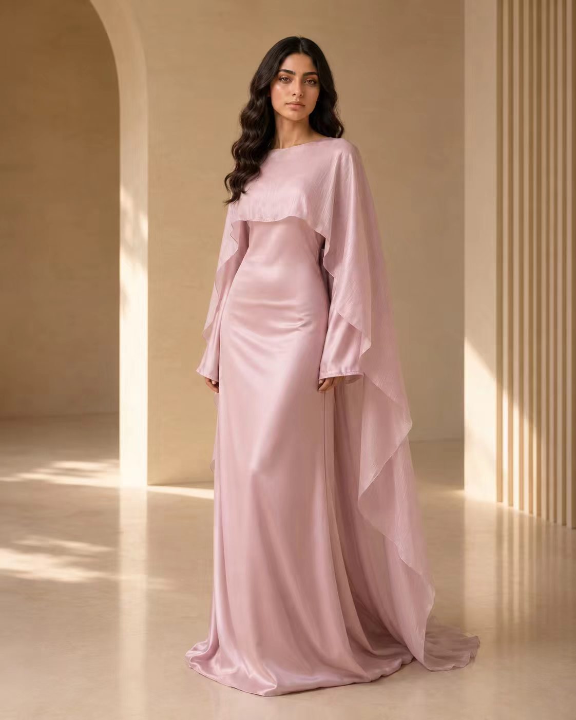 Luxe Satin Cape Overlay Maxi Gown - Dusty Rose