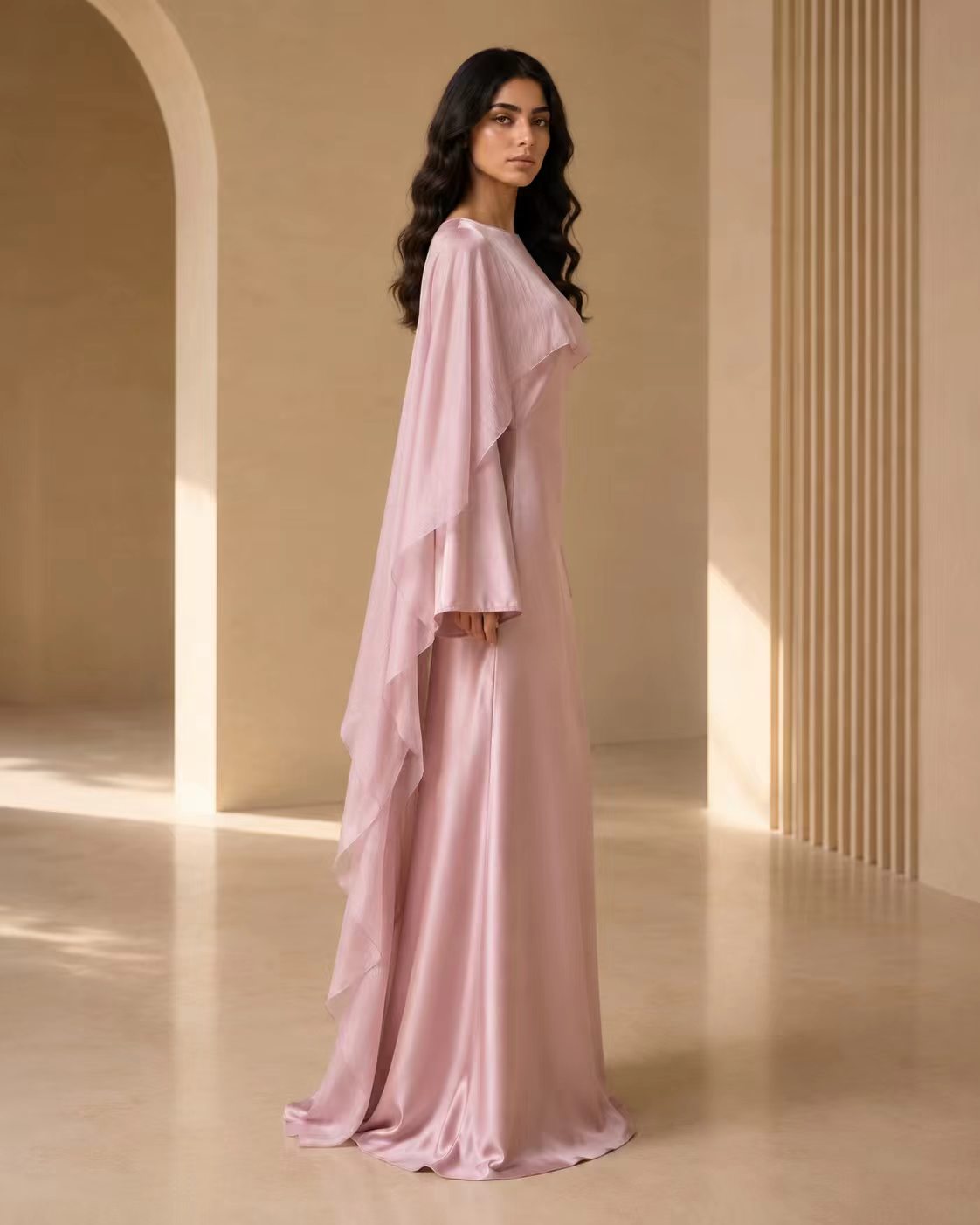 Luxe Satin Cape Overlay Maxi Gown - Dusty Rose