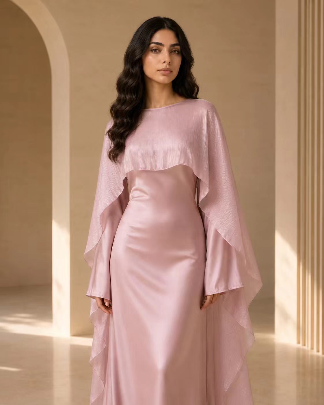 Luxe Satin Cape Overlay Maxi Gown - Dusty Rose