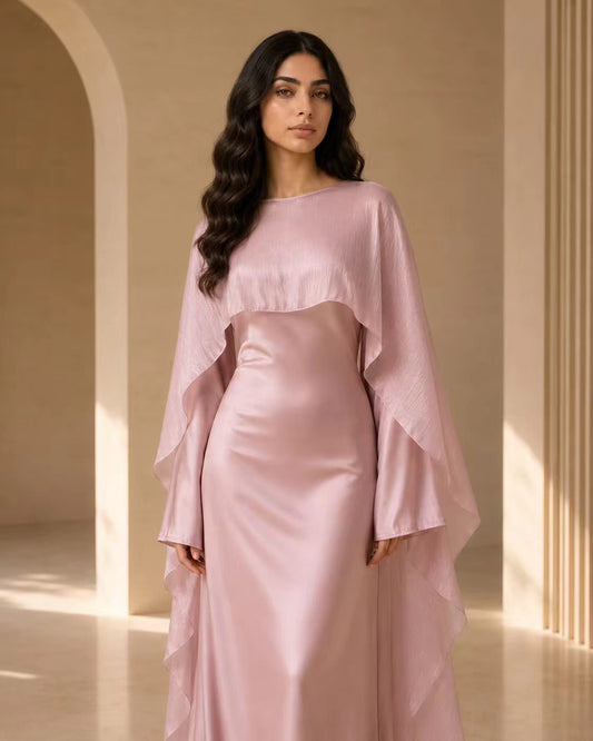 Luxe Satin Cape Overlay Maxi Gown - Dusty Rose