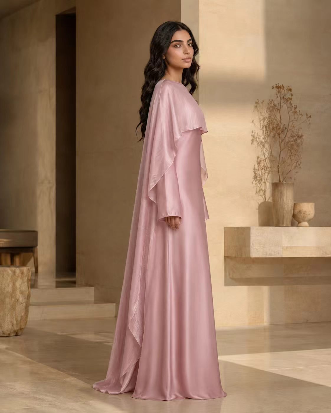 Luxe Satin Cape Overlay Maxi Gown - Dusty Rose