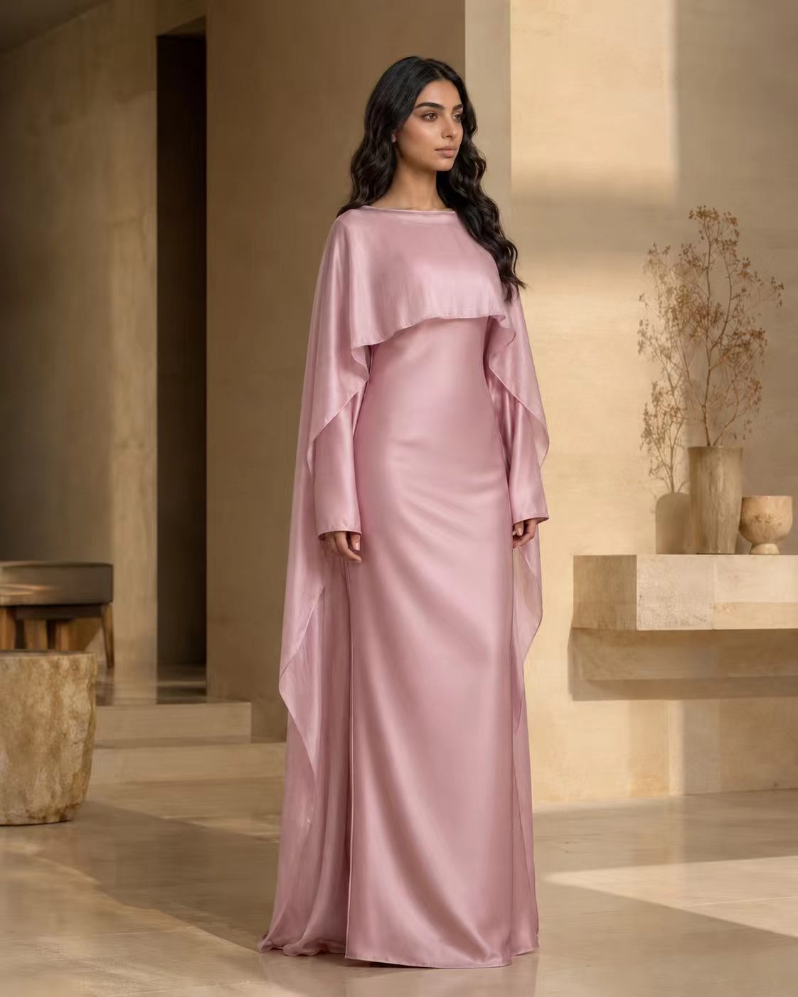 Luxe Satin Cape Overlay Maxi Gown - Dusty Rose