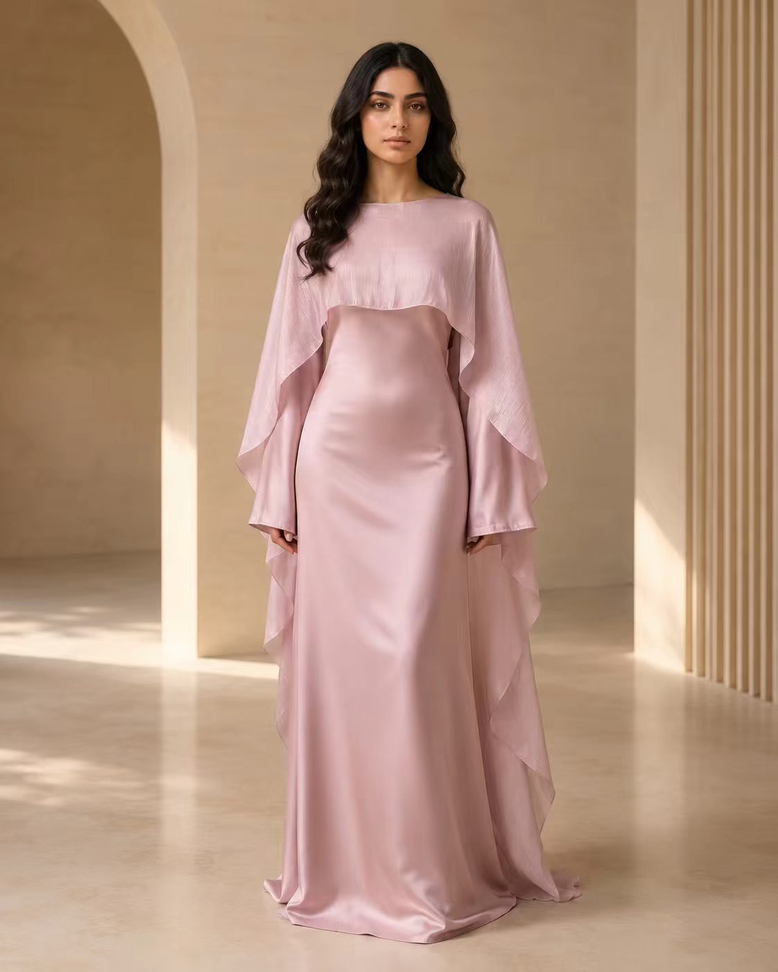 Luxe Satin Cape Overlay Maxi Gown - Dusty Rose