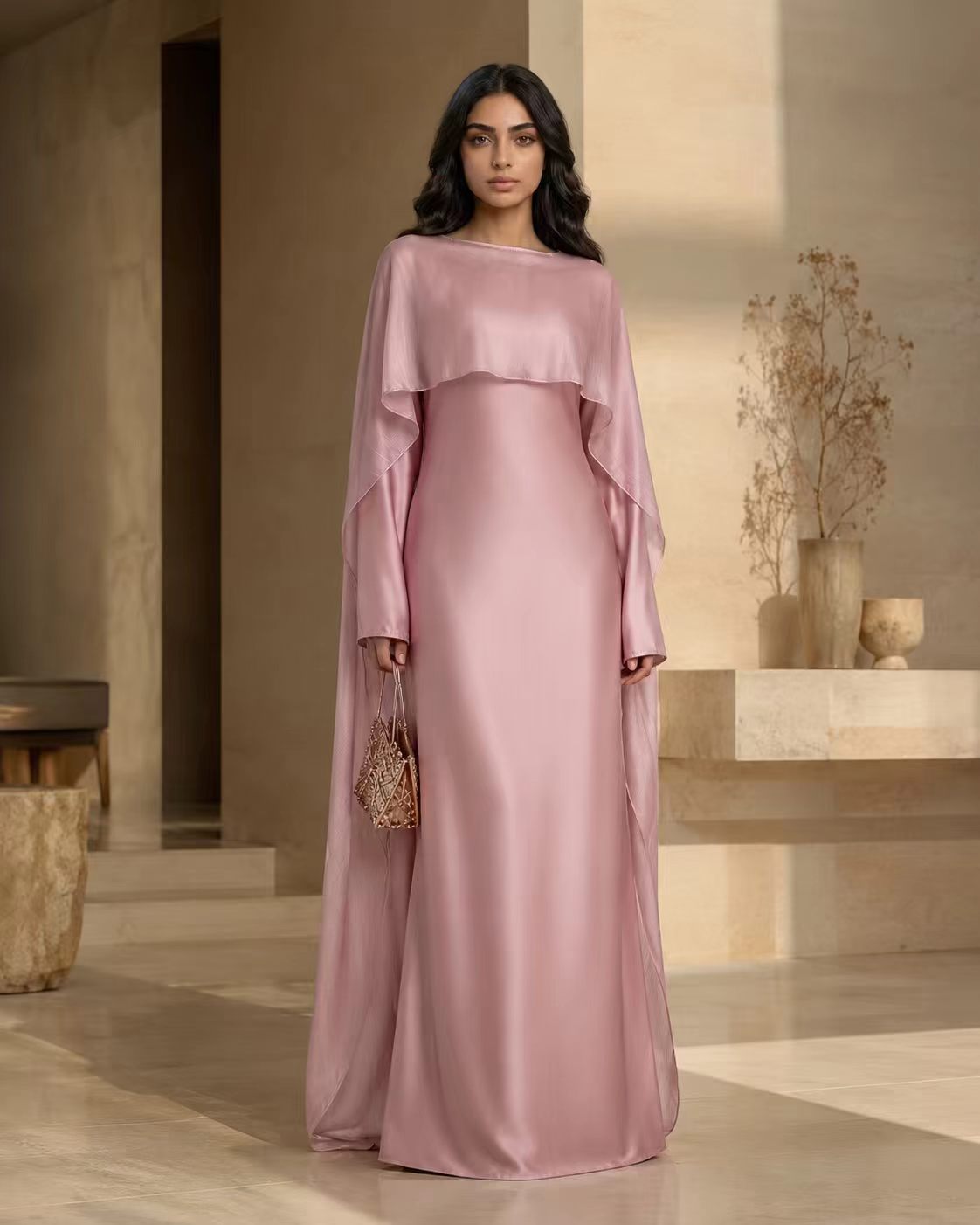 Luxe Satin Cape Overlay Maxi Gown - Dusty Rose