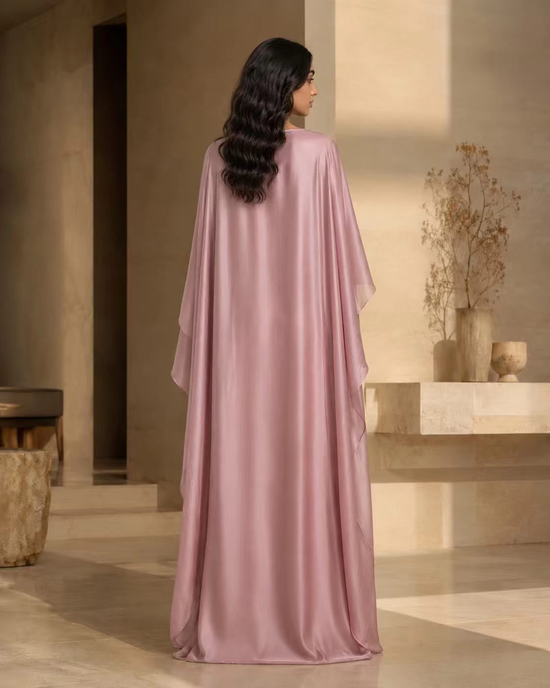 Luxe Satin Cape Overlay Maxi Gown - Dusty Rose