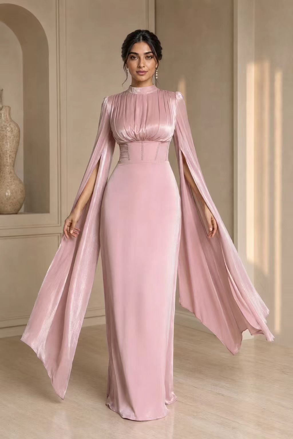 High-Neck Ruched Satin Gown with Split Cape Sleeves & Corset Back
