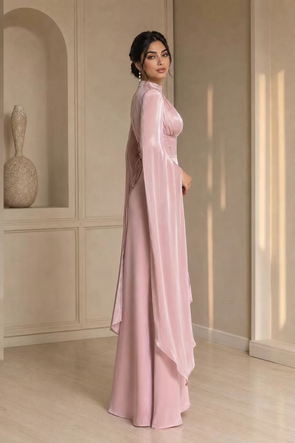 High-Neck Ruched Satin Gown with Split Cape Sleeves & Corset Back