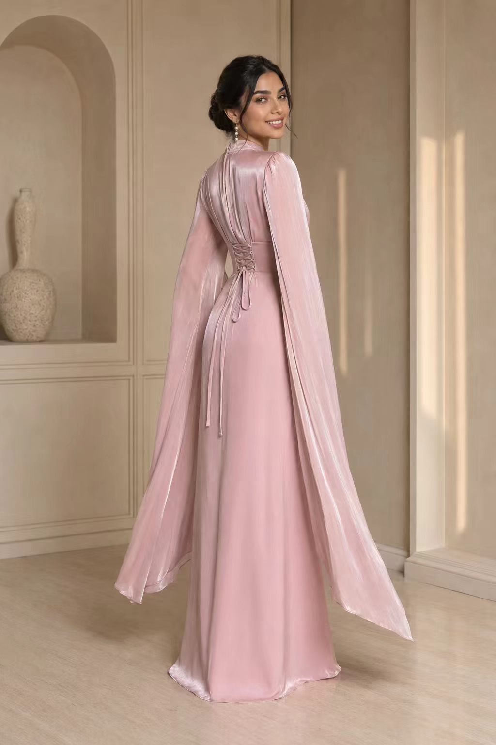 High-Neck Ruched Satin Gown with Split Cape Sleeves & Corset Back