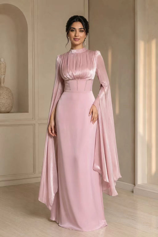 High-Neck Ruched Satin Gown with Split Cape Sleeves & Corset Back