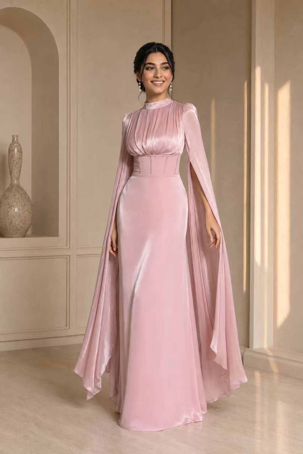 High-Neck Ruched Satin Gown with Split Cape Sleeves & Corset Back