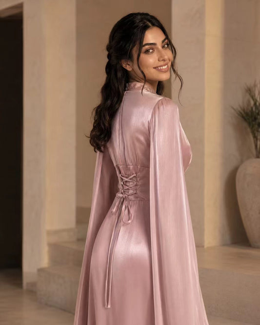 High-Neck Ruched Satin Gown with Split Cape Sleeves & Corset Back