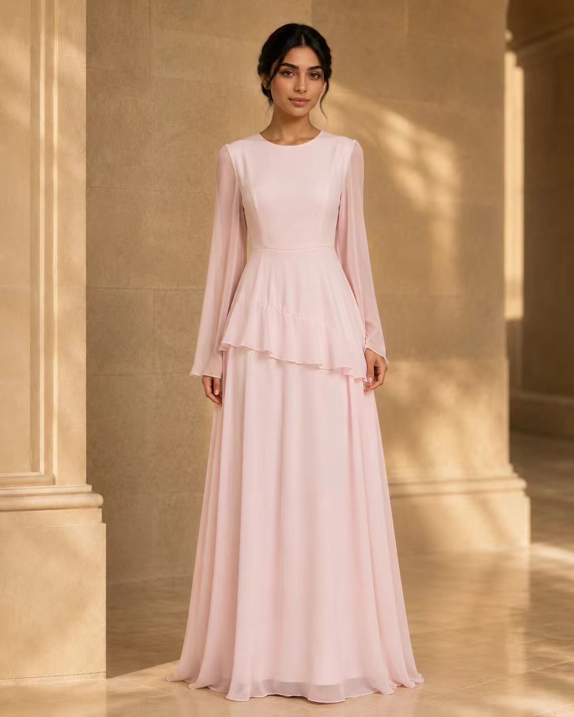 Tiered Ripple Chiffon Gown with Elegant Long Sleeves