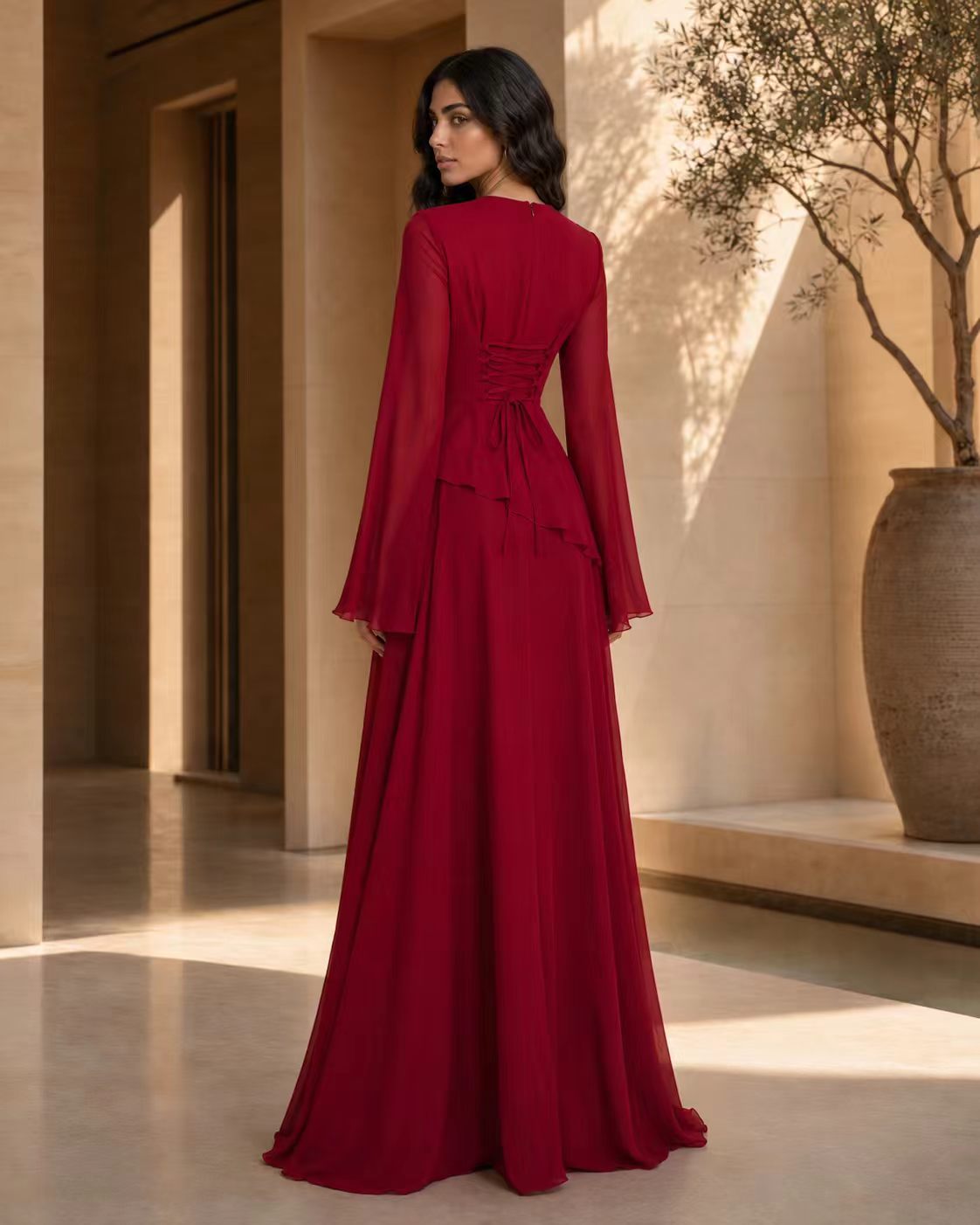 Tiered Ripple Chiffon Gown with Elegant Long Sleeves