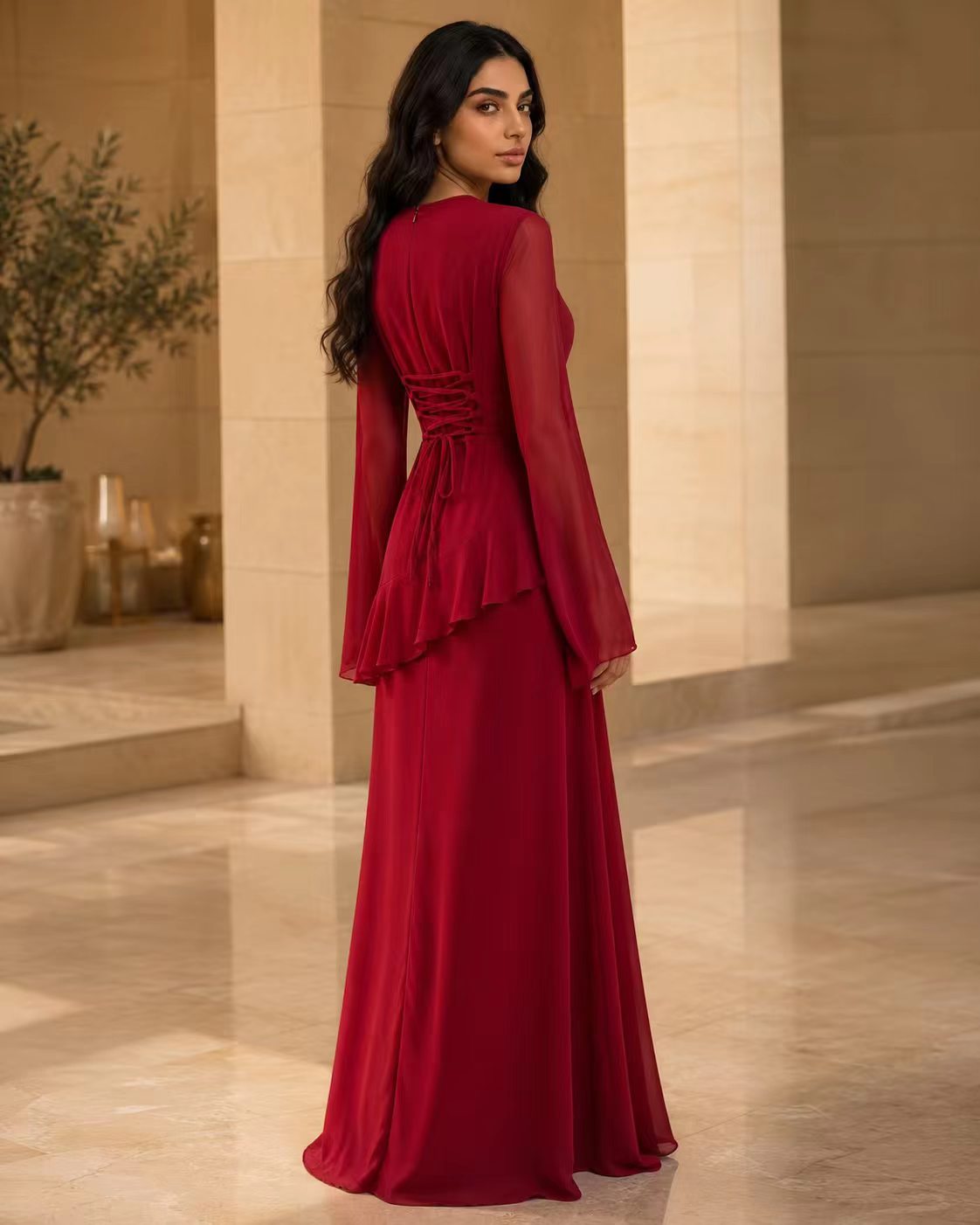 Tiered Ripple Chiffon Gown with Elegant Long Sleeves