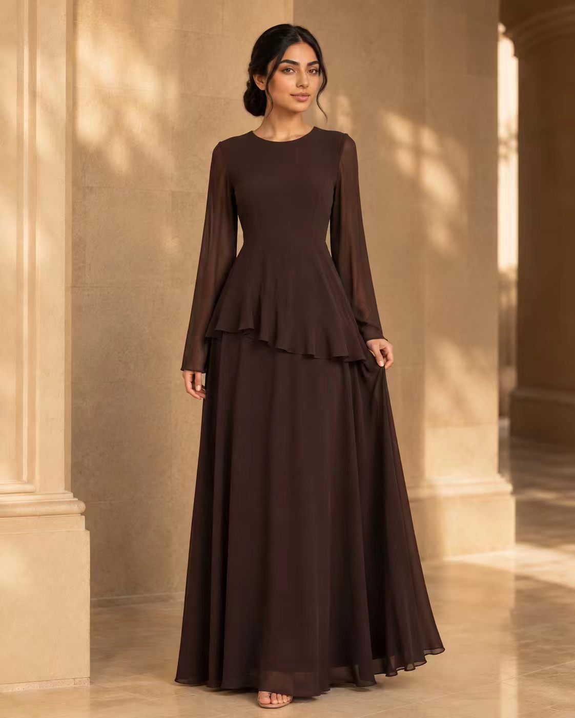 Tiered Ripple Chiffon Gown with Elegant Long Sleeves