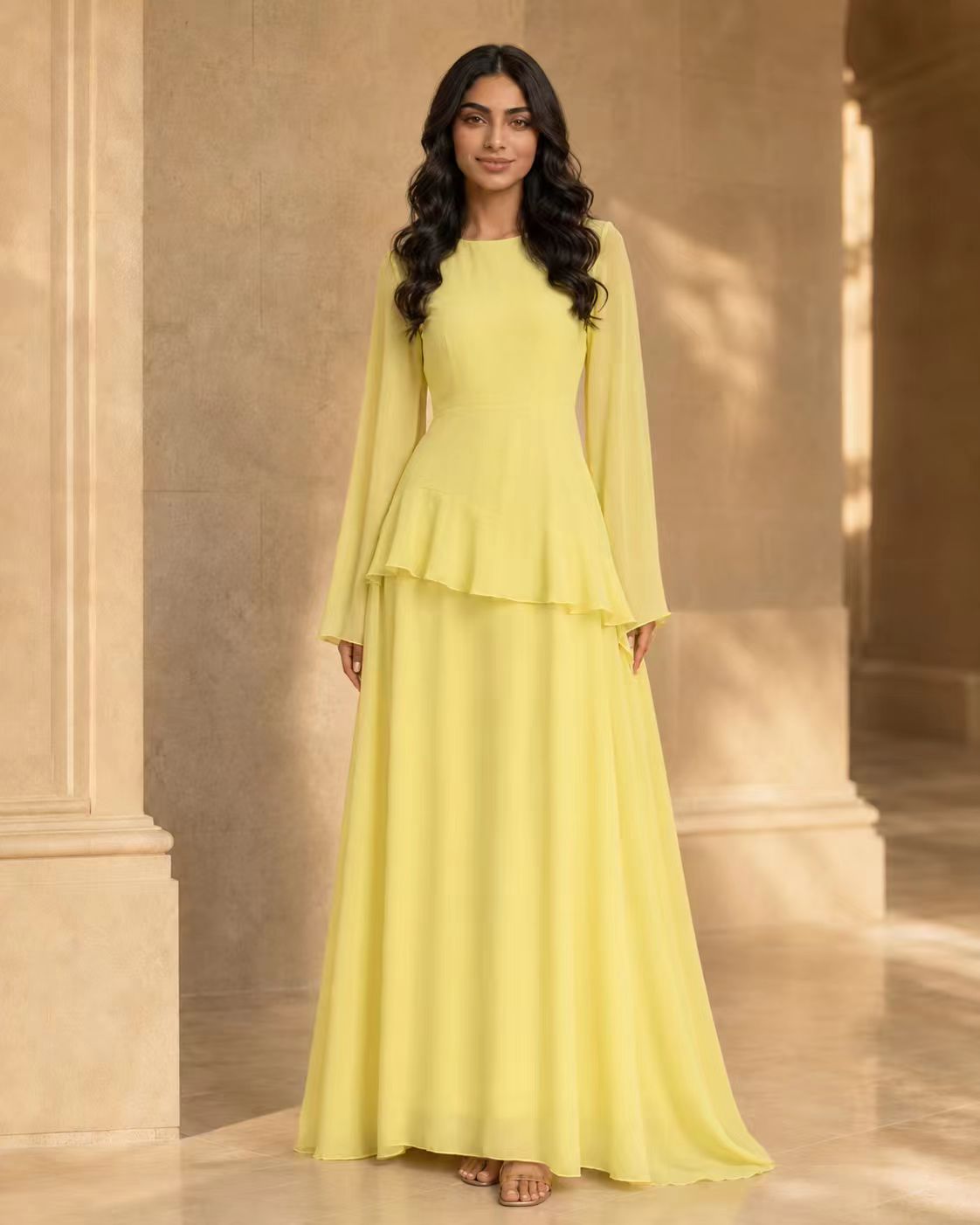 Tiered Ripple Chiffon Gown with Elegant Long Sleeves