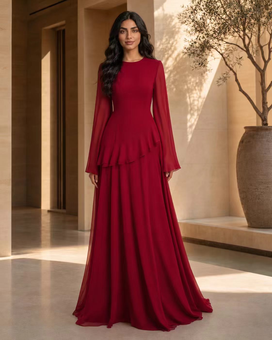 Tiered Ripple Chiffon Gown with Elegant Long Sleeves