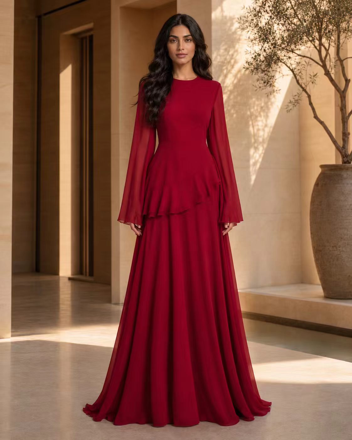 Tiered Ripple Chiffon Gown with Elegant Long Sleeves