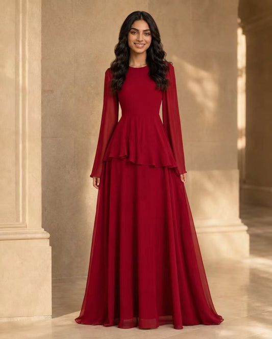 Tiered Ripple Chiffon Gown with Elegant Long Sleeves