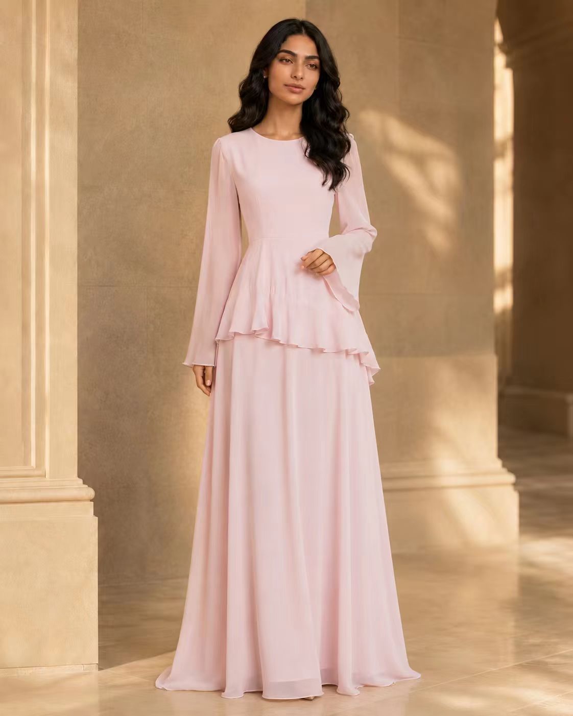 Tiered Ripple Chiffon Gown with Elegant Long Sleeves