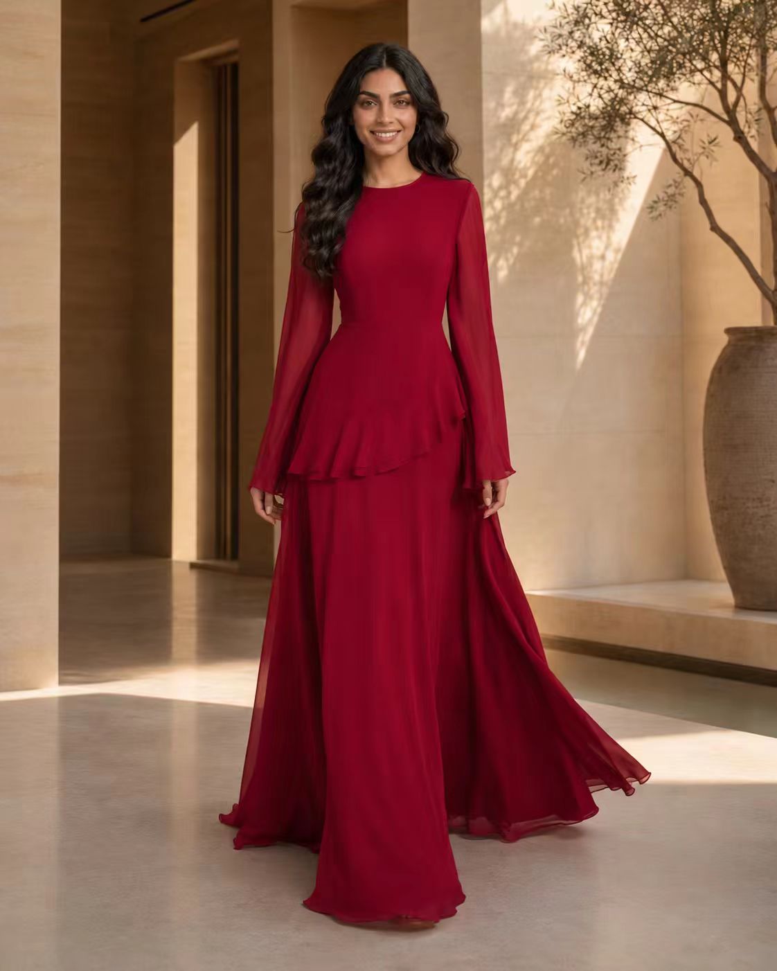 Tiered Ripple Chiffon Gown with Elegant Long Sleeves