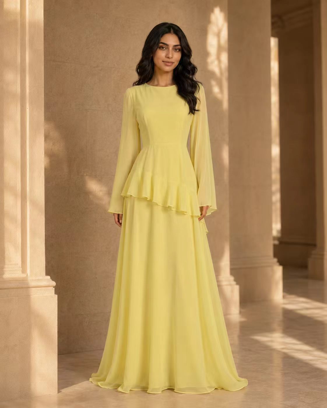 Tiered Ripple Chiffon Gown with Elegant Long Sleeves
