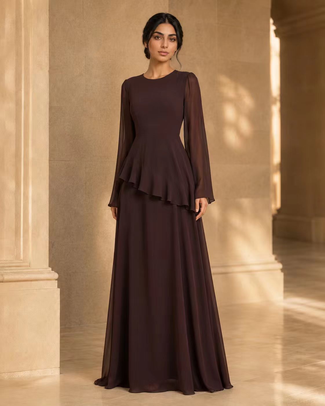 Tiered Ripple Chiffon Gown with Elegant Long Sleeves