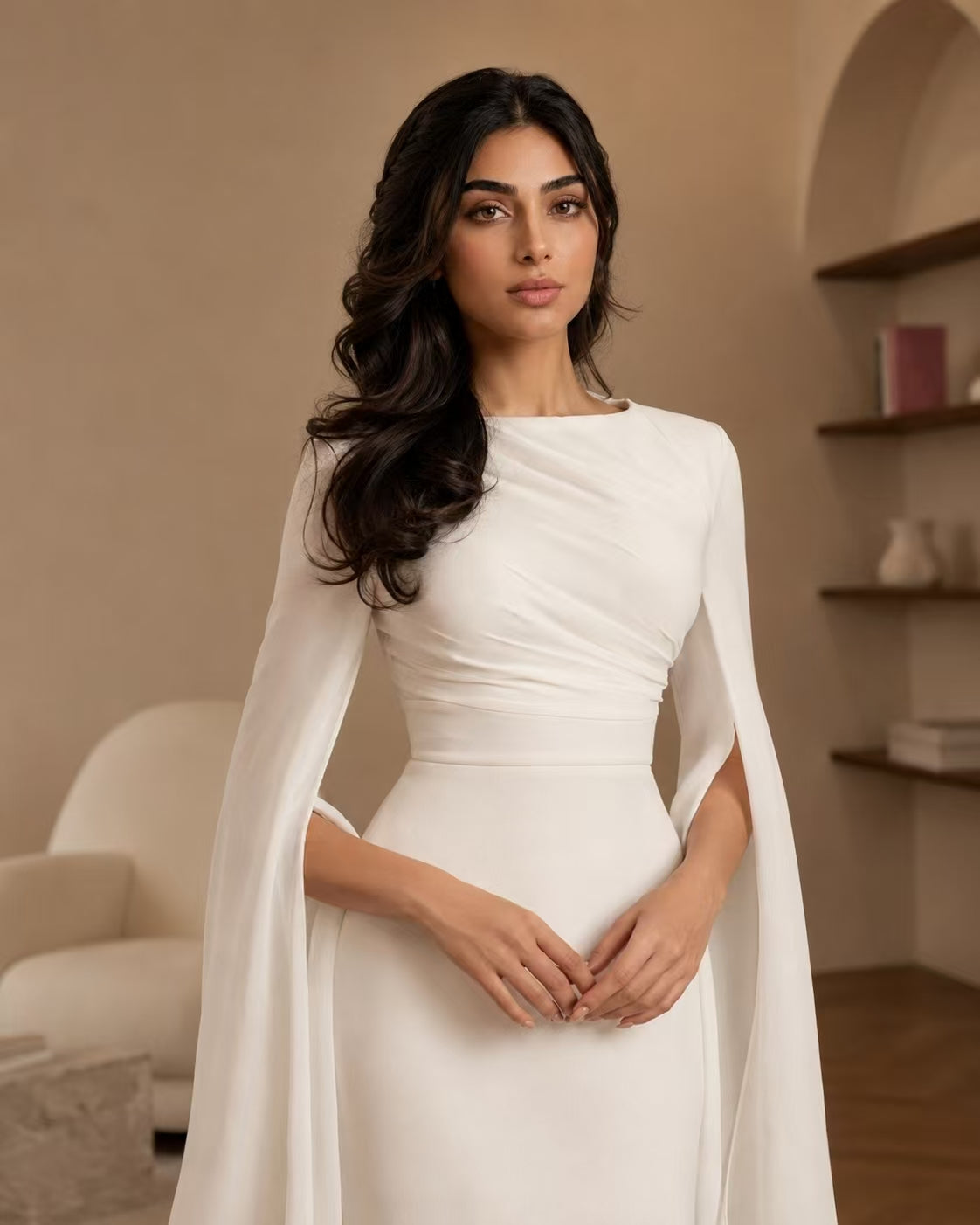Sculptural Ruched Gown with Split Cape Sleeves