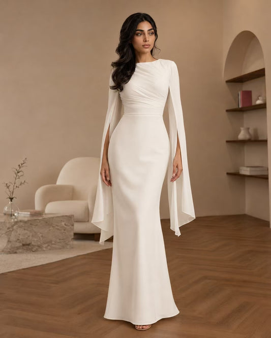 Sculptural Ruched Gown with Split Cape Sleeves