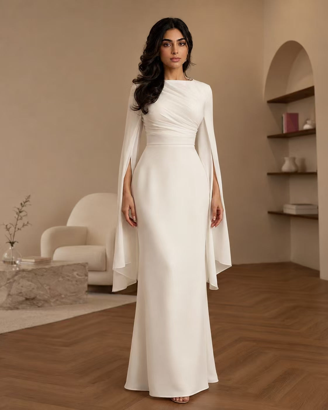 Sculptural Ruched Gown with Split Cape Sleeves