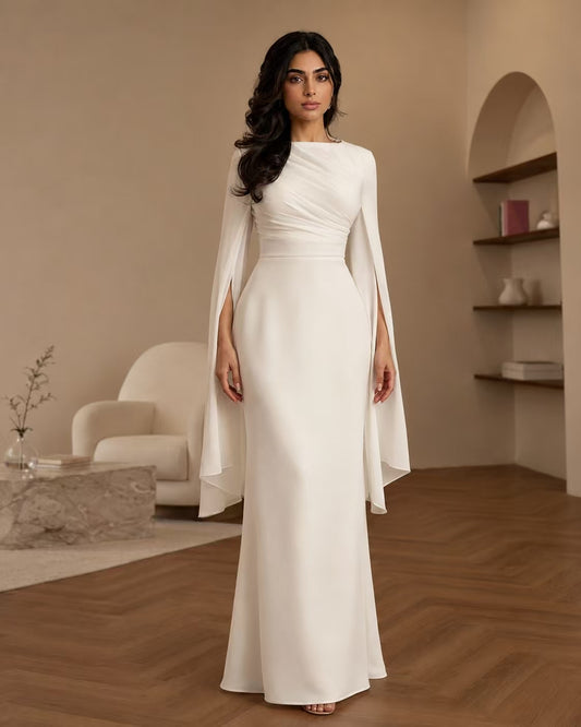 Sculptural Ruched Gown with Split Cape Sleeves