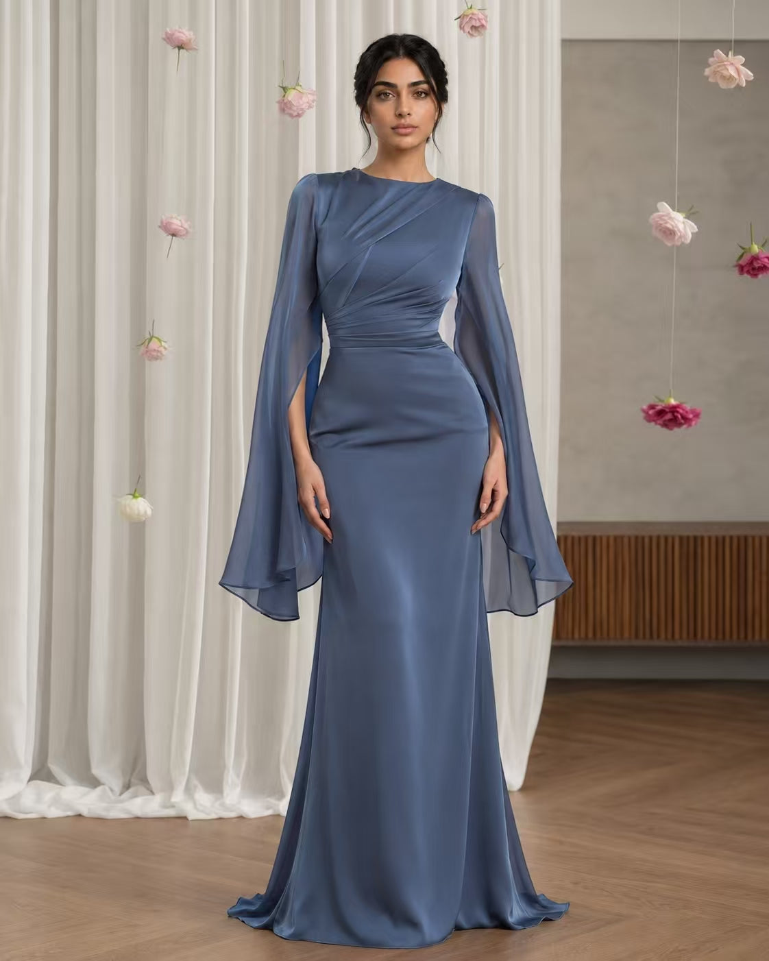 Sculptural Ruched Gown with Split Cape Sleeves
