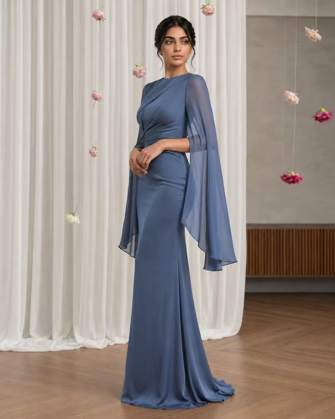 Sculptural Ruched Gown with Split Cape Sleeves