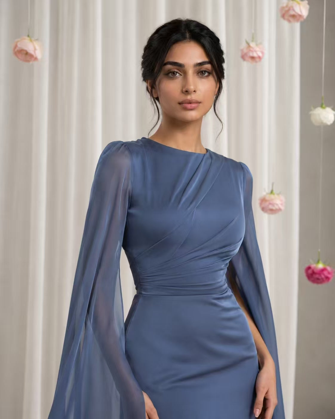 Sculptural Ruched Gown with Split Cape Sleeves