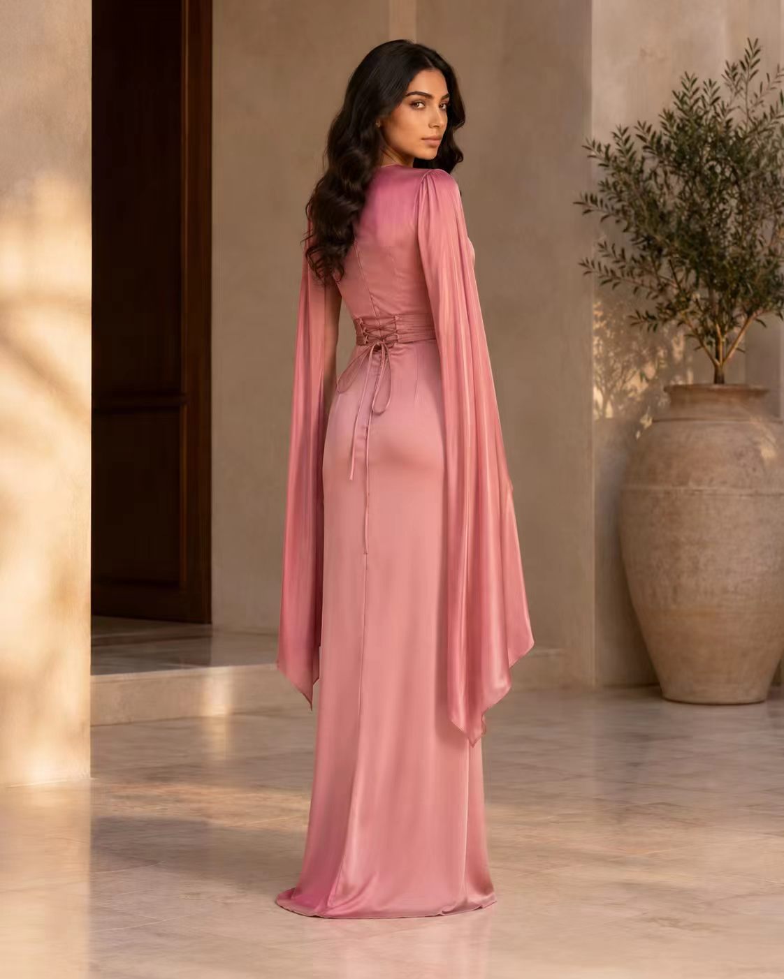 Sculptural Ruched Gown with Split Cape Sleeves