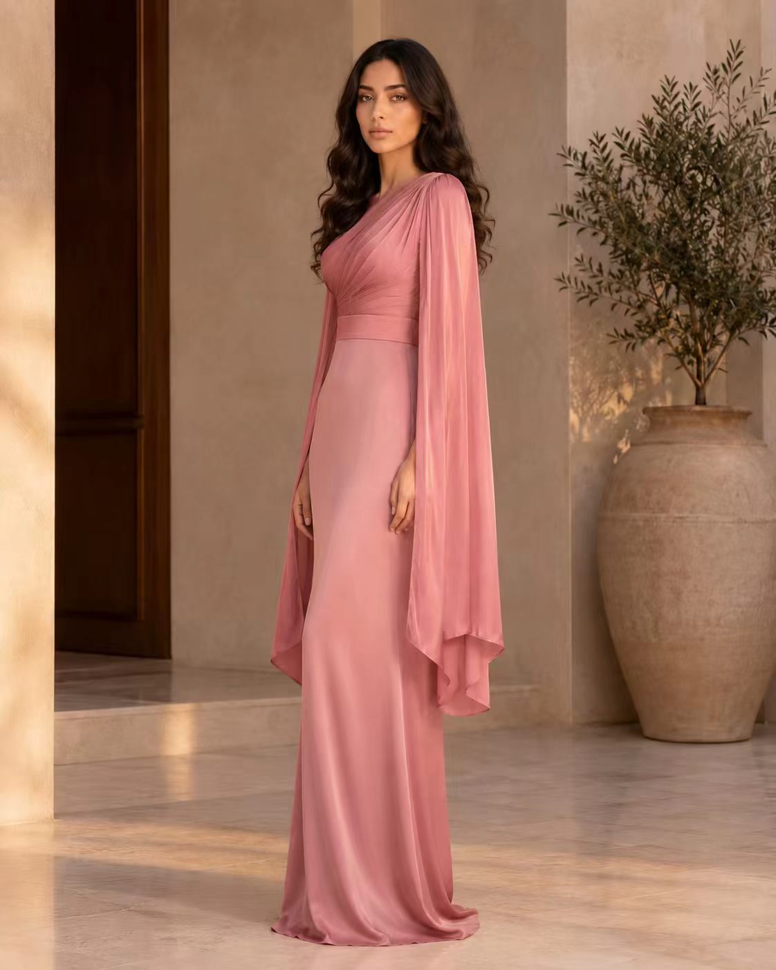 Sculptural Ruched Gown with Split Cape Sleeves