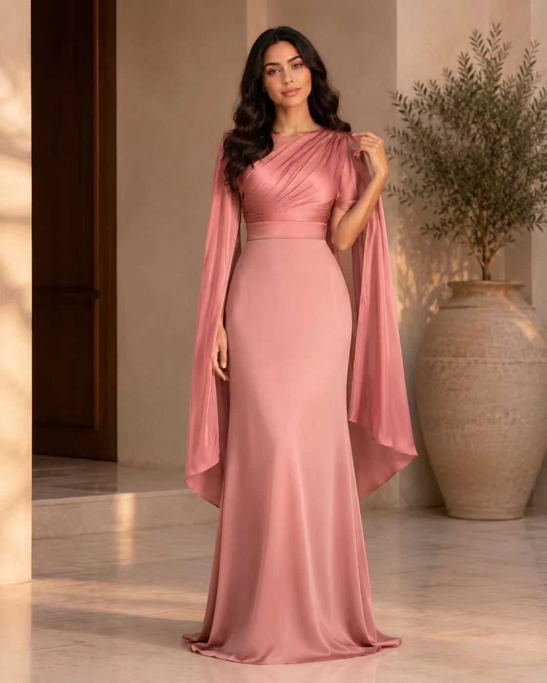 Sculptural Ruched Gown with Split Cape Sleeves