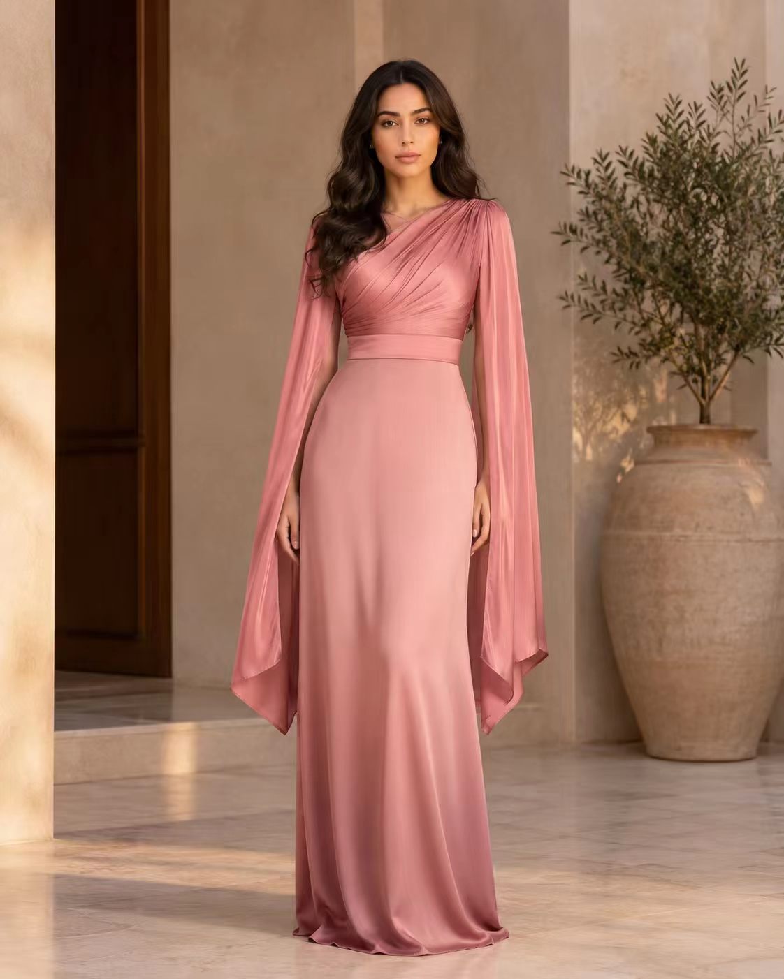 Sculptural Ruched Gown with Split Cape Sleeves